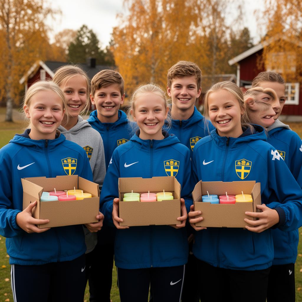 Glada ungdomar i ett lag som säljer ljus